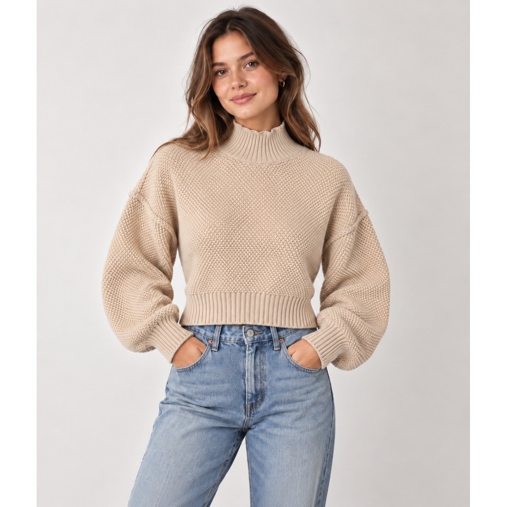 Free People FP Beach XS Beige Cotton Cropped Turtleneck Sweater Oversized Knit